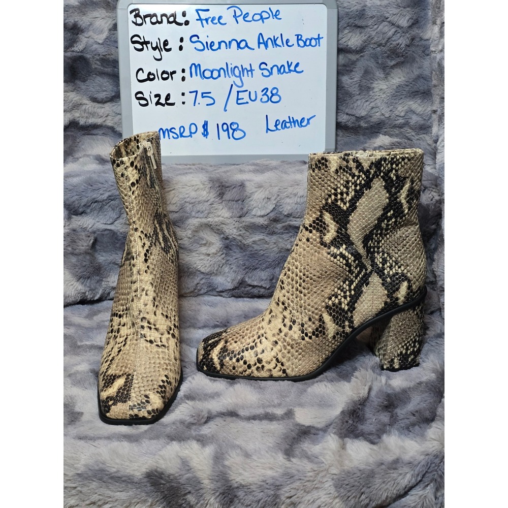 NEW Free People Sienna Ankle Boots Snake Print Leather Block‎ Heel Size 7.5 EU38